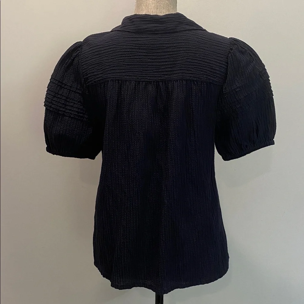 Hudson North Linen Puff Sleeve Blouse Navy Blue Textured Top Size Medium - Picture 7 of 16